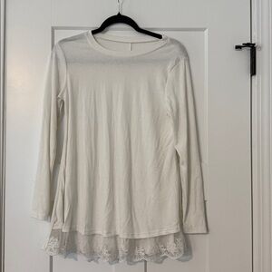 Long White Long Sleeve Top with Lace Hem